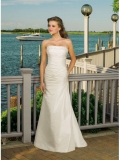 A-line Pleated Satin Strapless Floor length Sash Lace up Beach Wedding Dress