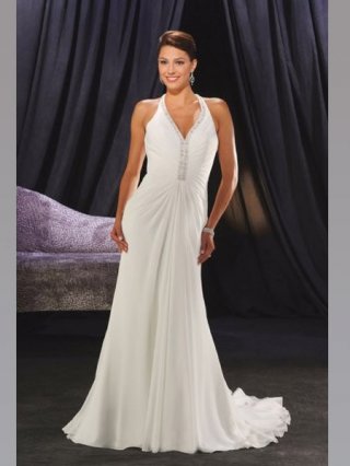 Chiffon Halter Ruffled Long Length Sheath/ Column Lacing up Beads working Beach Wedding Dress