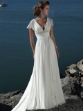 Discount V-neck Empire Waist Customer-Made Design Beach Wedding Dress With Short Chiffon Sleeves