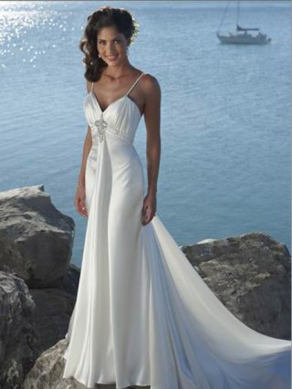 Spaghetti Straps Mermaid Sweetheart Long Length Pleated Satin with Rhinestone Beach Wedding Dress