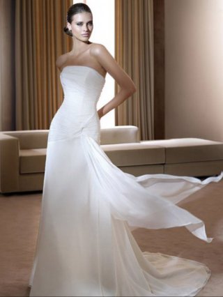 White Simple Style Strapless Mermaid Floor length Satin/ Chiffon Modest Beach Wedding Dress
