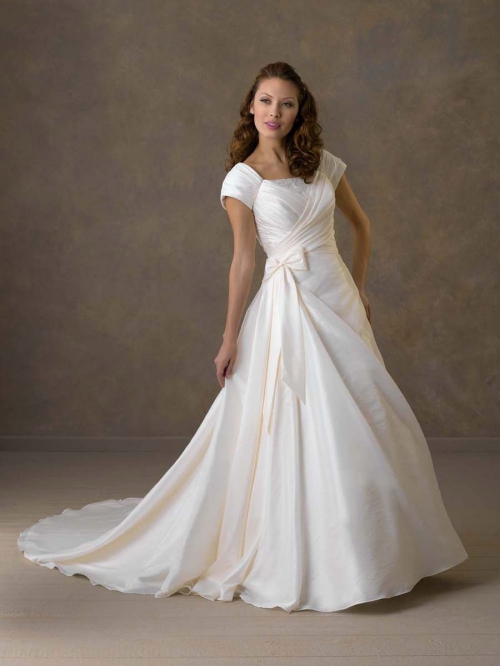 Best Seller/Hot Sale Floor Length A-Line Short Sleeves Sweep Train With Bowknot,Button Wedding Dresses WDresses01014