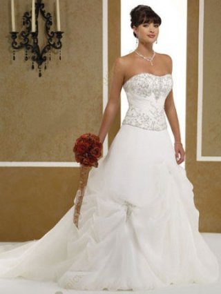 2010 Style Ball Gown Strapless Beaded Embroidery Satin Organza Wedding Dress
