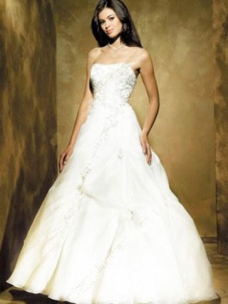 Princess Ball Gown Strapless Embroidery Beading Satin Organza Wedding Dress