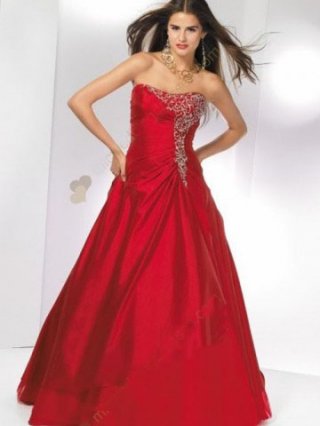 Red Ball Gown Strapless Beading Organza Satin Wedding Dress