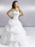 Fabulous Strapless Pleated Beads Working Embroidery Applique Layered Drape Satin Wedding Dress