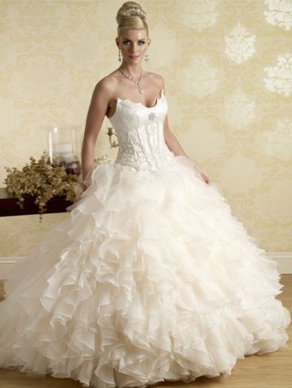 Multi-layer Organza/ Tulle Princess Ball Gown Strapless Embroidery Wedding Dress