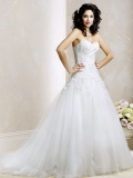 Satin/ Tulle A-line Embroidery Lace Applique Strapless Floor length Modest Wedding Dress
