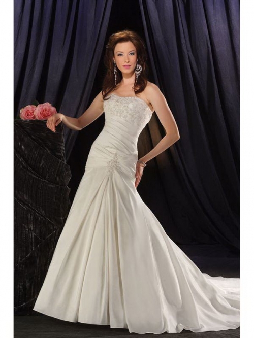 Bold Floor Length A-Line Strapless Low Back Sweep Train With Embroidery Wedding Dresses WDresses00988