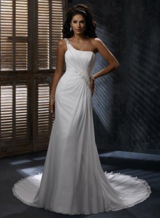 Ivory One shoulder Beaded Corset Sheath Silhouette Chiffon Wedding Dress (BOTS0691)