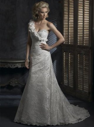 Ivory Romantic One Shoulder Lace Floral Formal Wedding Dress (BOTS0752)