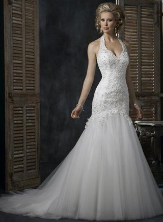 White Romantic Halter top Lace appliqu?s Tulle Formal Wedding Dress (BOTS0753)