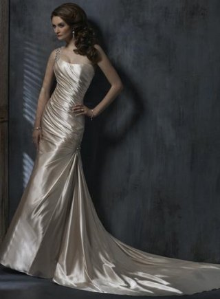 Light Gold One Shoulder Beaded Column/Sheath Corset Wedding Dress (BOTS0759)