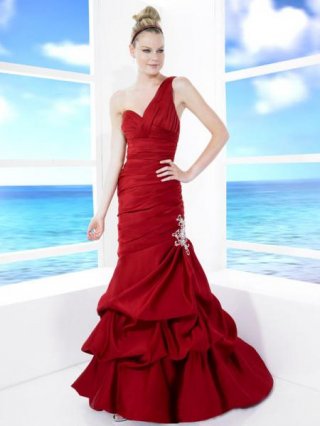 Red One Shoulder Bubble Hem Mermaid /Trumpet Wedding Dress (BOTS0768) Red One Shoulder Bubble Hem Mermaid /Trumpet Wedding Dress (BOTS0768)
