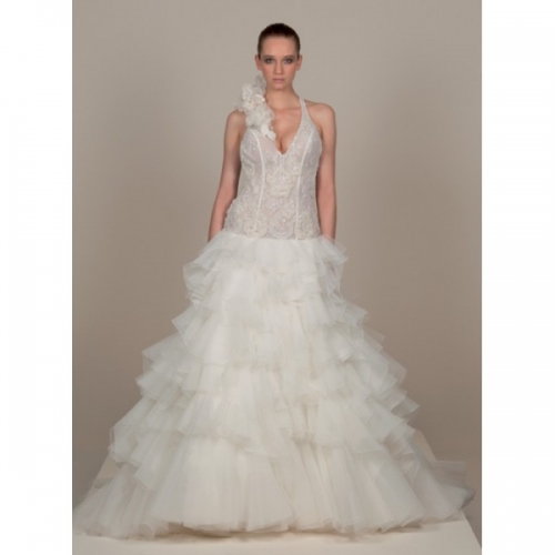 A-Line Sleeveless Halter Neckline with Floral Accent with Beaded Lace Appliqued Illusion Bodice and Ruffled Skirt Chapel Train O