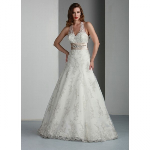 A-Line Sleeveless Halter Neckline Beaded Chapel Train Lace Wedding Dress 2012 New Arrival (BS1173)