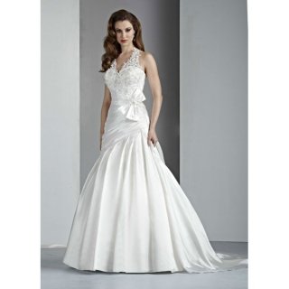 A-Line Sleeveless Halter Neckline Beaded Lace Chapel Train Taffeta Organza Wedding Dress (BS1184)