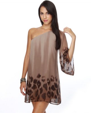Sea Lion Saunter One Shoulder Mocha Print Dress