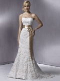 Charming Floor Length A-Line Strapless Low Back Sweep Train With Embroidery,Bandage,Sash Wedding Dresses WDresses00951