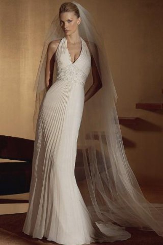 Column Halter Court Chiffon Satin Bridal Gown (3AB0018)