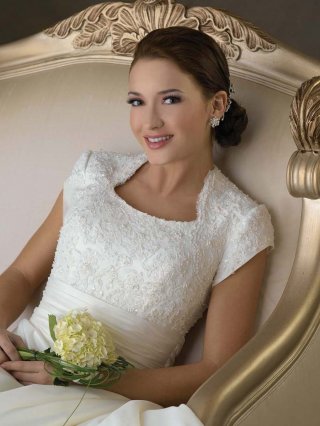 Comfortable Floor Length A-Line Short Sleeves Sweep Train With Embroidery,Sash,Button Wedding Dresses WDresses01009