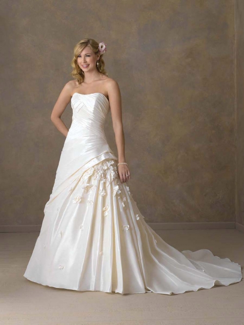 Comfy Floor Length A-Line Strapless Low Back Sweep Train With Applique,Button Wedding Dresses WDresses01017