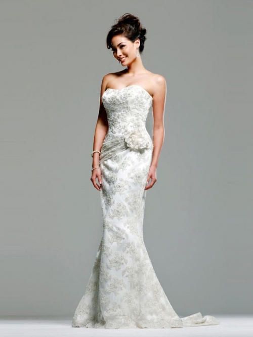 Comfy Floor Length A-Line Strapless Low Back Sweep Train With Embroidery,Flower Wedding Dresses WDresses00821