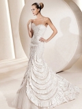 Concise Floor Length A-Line Sweetheart Low Back Sweep Train With Ruche,Button Wedding Dresses WDresses00859
