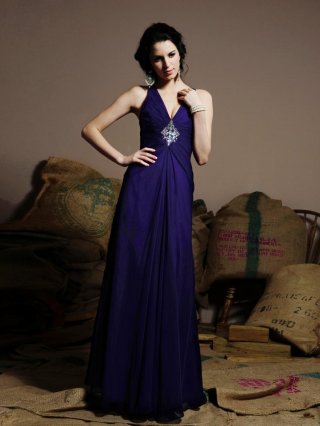 Pleated V-neck Chiffon Overlay Evening Gown