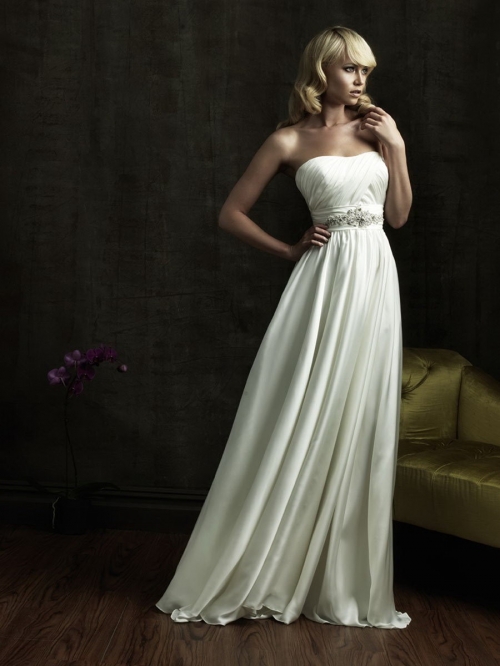 Delicate Floor Length A-Line Strapless Low Back Sweep Train With Applique,Button Wedding Dresses WDresses00768