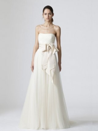 Delicate Floor Length A-Line Strapless Low Back Sweep Train With Sash Wedding Dresses WDresses00964