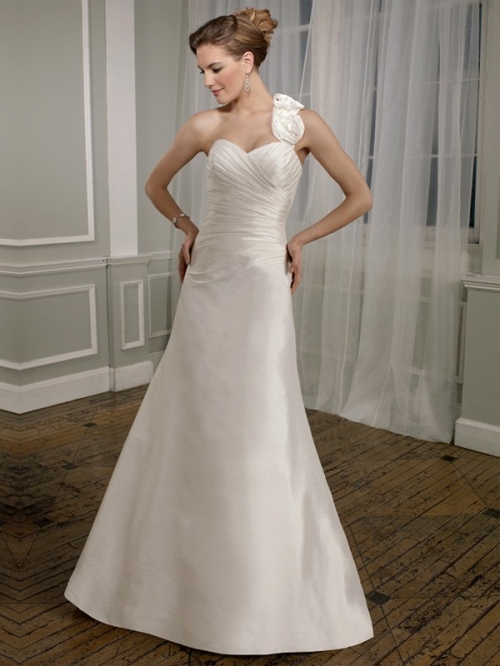 Elegant Floor Length A-Line One Shoulder Lace Up Sweep/Brush Train With Ruffles Wedding Dresses