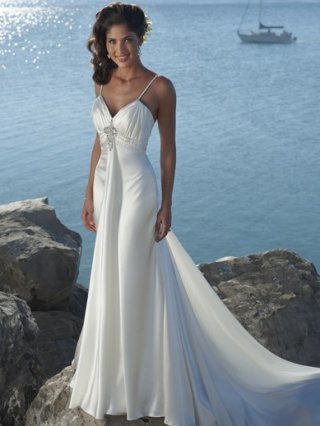 Elegant Floor Length A Line Spaghetti Straps Zipper Sweep/Brush Train With Brooch,Ruffles Wedding Dresses