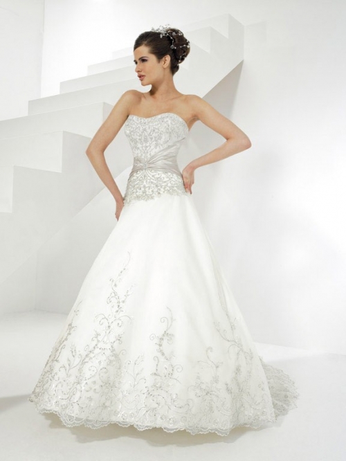 Elegant Floor Length A-Line Strapless Low Back Sweep Train With Embroidery,Beads,Button Wedding Dresses WDresses00749