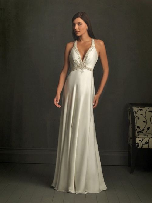 Elegant Floor Length A-Line V-Neck Lace Up Sweep/Brush Train With Beading Wedding Dresses