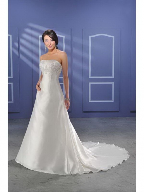 Emblematic Floor Length A-Line Strapless Low Back Sweep Train With Applique,Button Wedding Dresses WDresses00999
