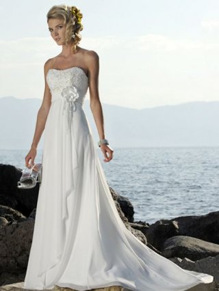 Beaded Strapless Empire Waist with flower in waist Sweep/ brush length beach Wedding Dress