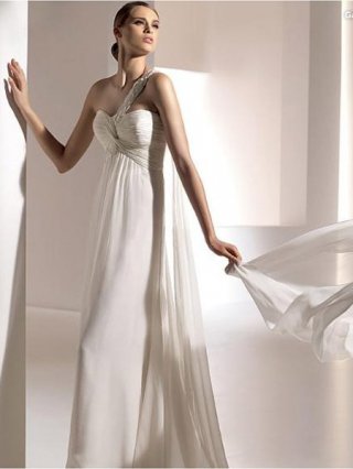 One Beaded Strap Sweetheart Empire waist Pleated Chiffon Floor length Modest Bargain Beach Wedding Dress 2011