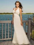 Satin Empire waist Designer V-Neck Halter Hot Sale Beaded Long Wedding Dress