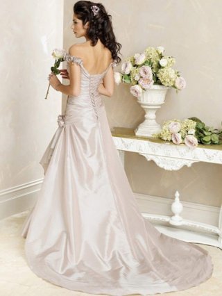 Exclusive Floor Length A-Line Off Shoulder Low Back Sweep Train With Flower,Bandage Wedding Dresses WDresses00774