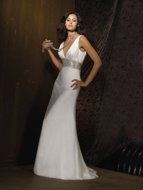 Exclusive Floor Length A-Line V-Neck Zipper Sweep/Brush Train With Ribbon Wedding Dresses