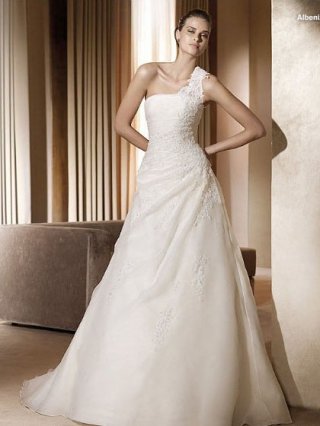 Exquisite Floor Length A-Line One Shoulder Lace Up Sweep/Brush Train With Lace Wedding Dresses