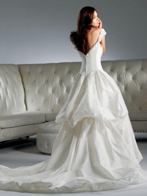 Fantastic Floor Length A-Line Off Shoulder Low Back Sweep Train With Ruffles Wedding Dresses WDresses00851