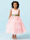 Bateau Layered Pink dress with green sash round neckling ankle length For Flower Girl