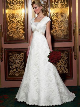 Fluid Floor Length A-Line Short Sleeves Sweep Train With Embroidery,Bandage,Sash Wedding Dresses WDresses00898