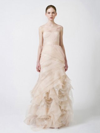 Fluid Silhouette Floor Length A-Line One-Shoulder Sweep Train With Ruffles,Sash Wedding Dresses WDresses00704