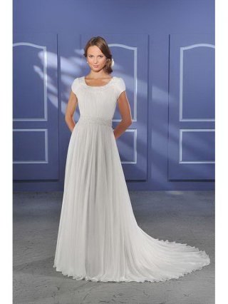 Fluid Silhouette Floor Length A-Line Short Sleeves Sweep Train With Beads Belt,Button Wedding Dresses WDresses00997