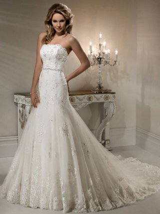 Fluid Silhouette Floor Length A-Line Strapless Low Back Sweep Train With Embroidery,Button Wedding Dresses WDresses00801