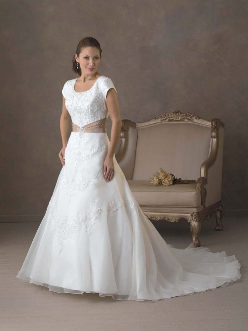 Fresh/Brisk Floor Length A-Line Short Sleeves Sweep Train With Embroidery,Belt Wedding Dresses WDresses01012