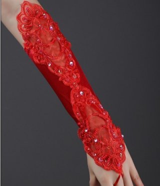 Beated Lace Red Wedding Gloves